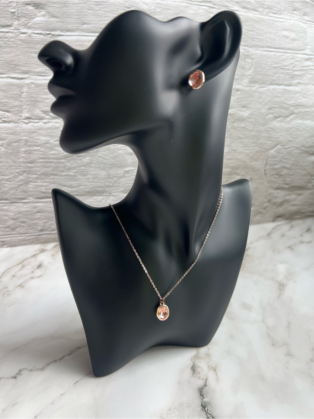 Tahari Rose Gold Pink Crystal Pendant Necklace and Stud Earrings Set